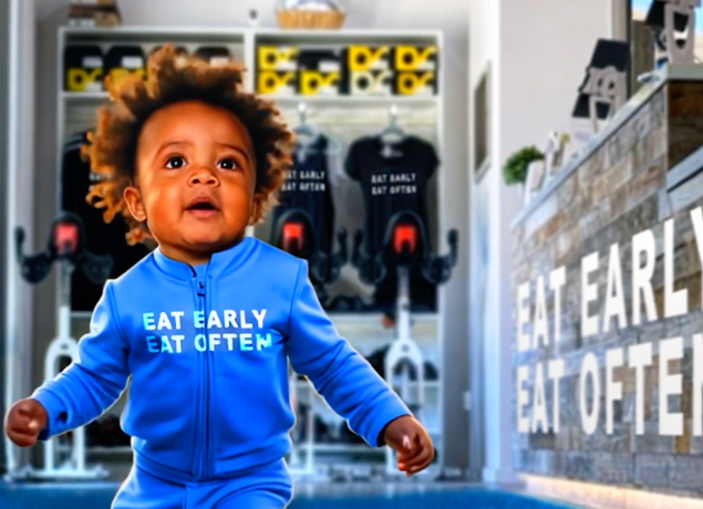 Baby wearing "Eat Early, Eat Often" tracksuit
